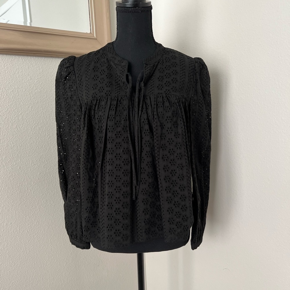 Madewell Perforated Boho Black Puffy Sleeve Top